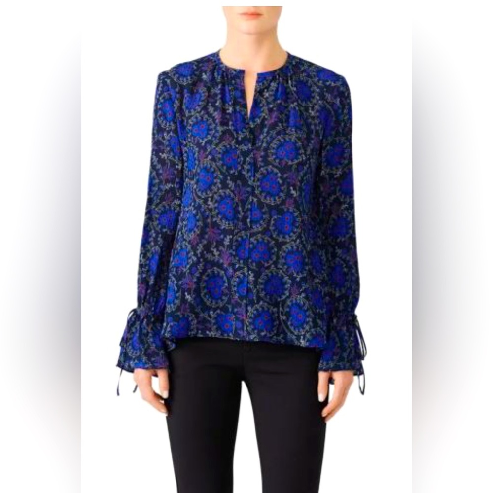 NWT Derek Lam 10 Crosby Bell Sleeve Silk Blue Black Floral Blouse Sz 4